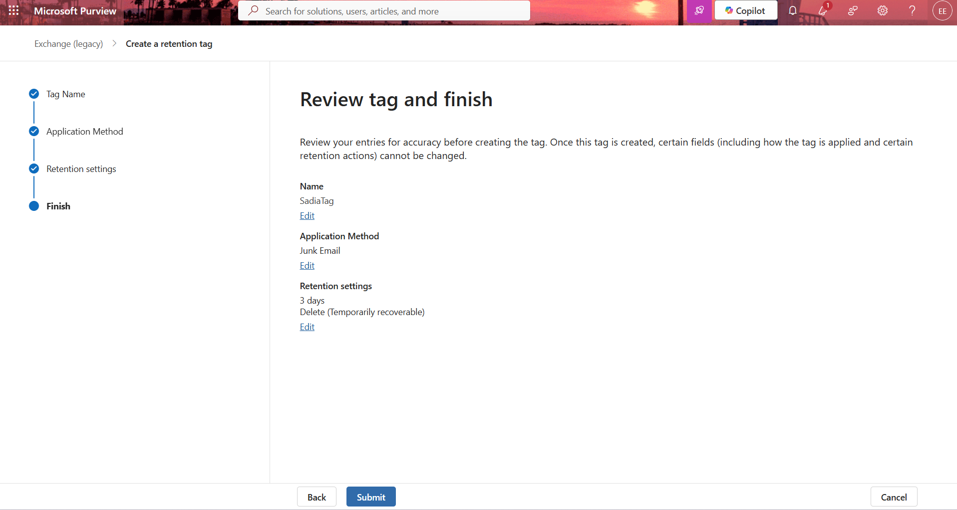 Review tag and finish