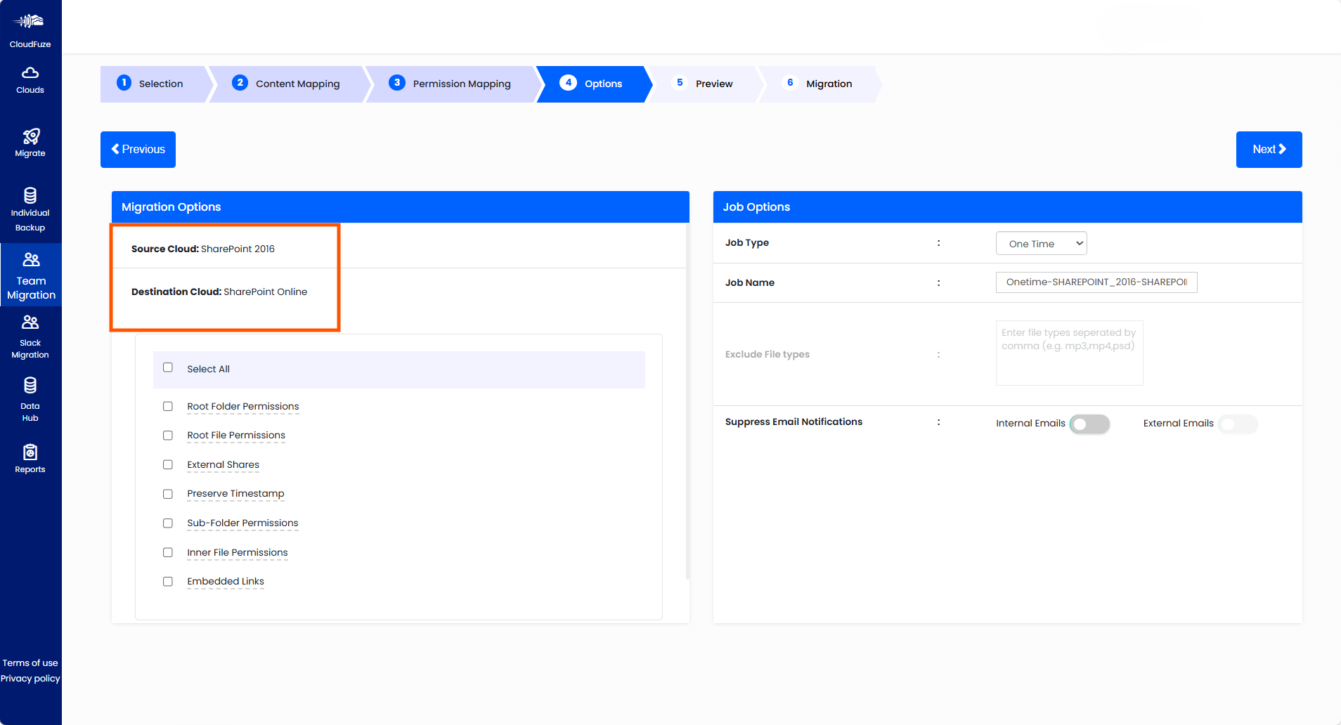 Select migration options