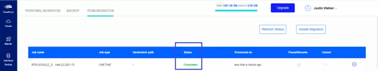 Once the status of the migration changes to Completed, it is marked as done