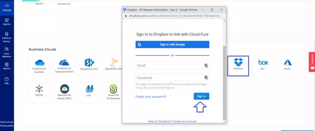 Log into Dropbox