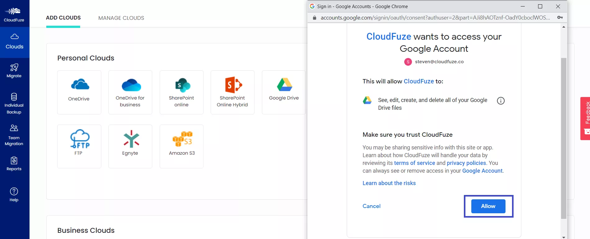 Grant Access to CloudFuze
