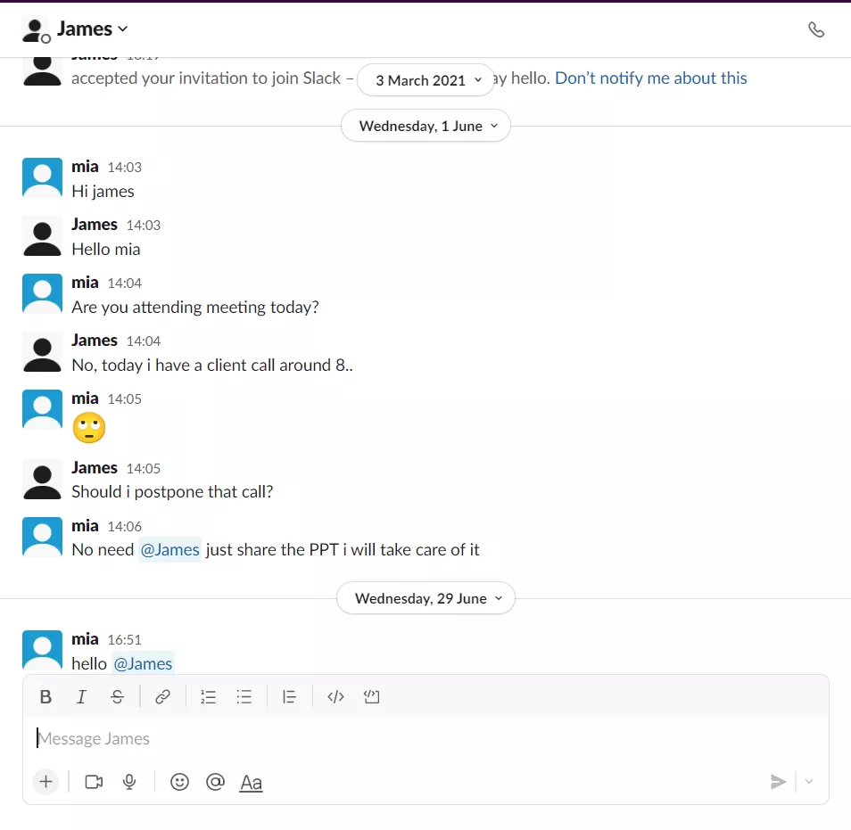 Direct Messages in Slack Workspace