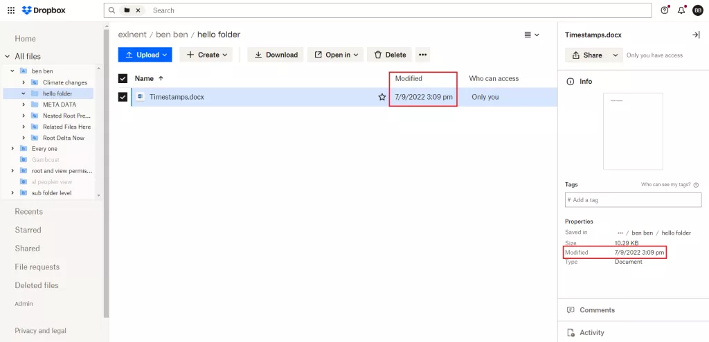 Modified file timestamp in Dropbox