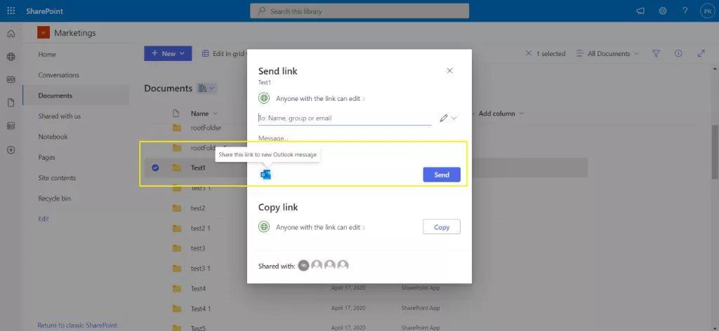 Sharing SharePoint files and folders through Outlook 