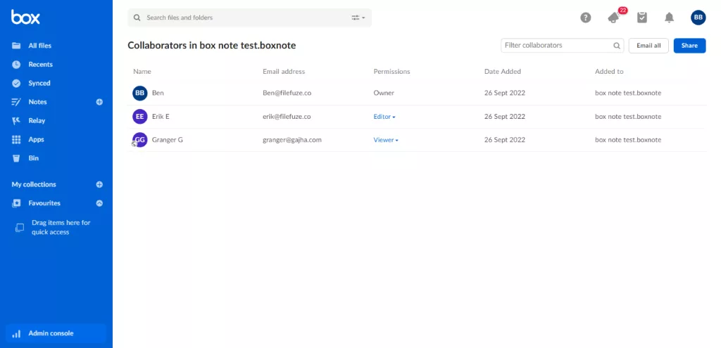 Permissions in a Box Notes file 