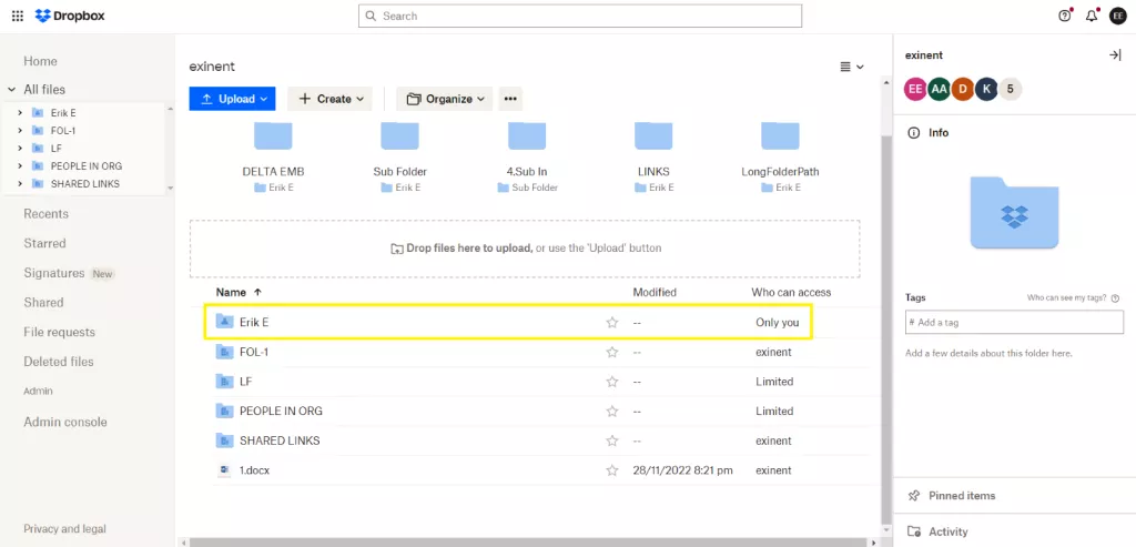 Dropbox personal folders