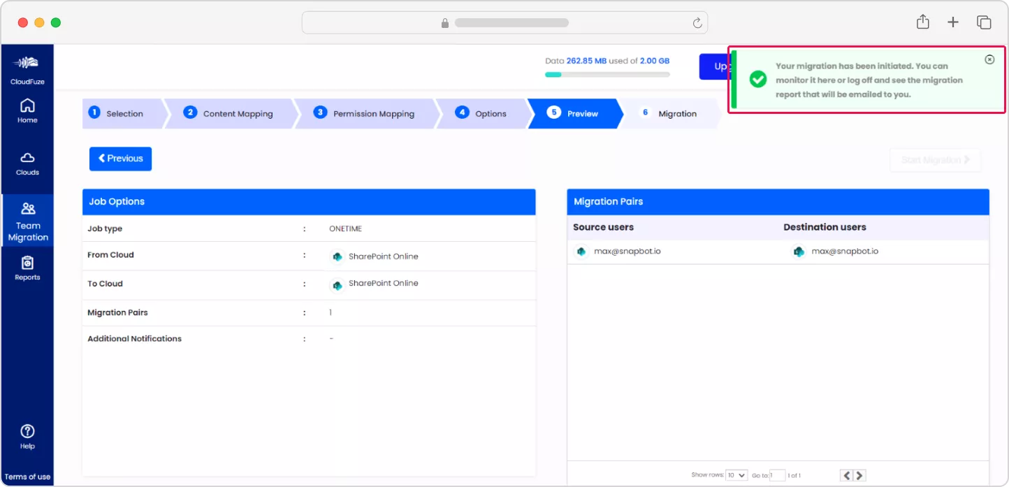 SharePoint to SharePoint migration initiation