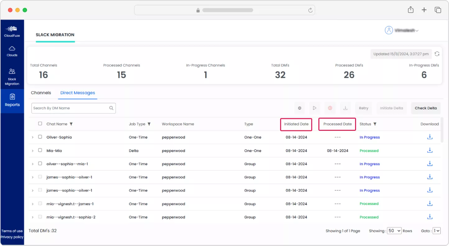 Start and end dates of Slack direct messages migration to Teams