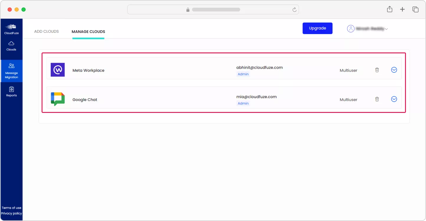 Verifying the addition of Meta Workplace and Google Chat clouds