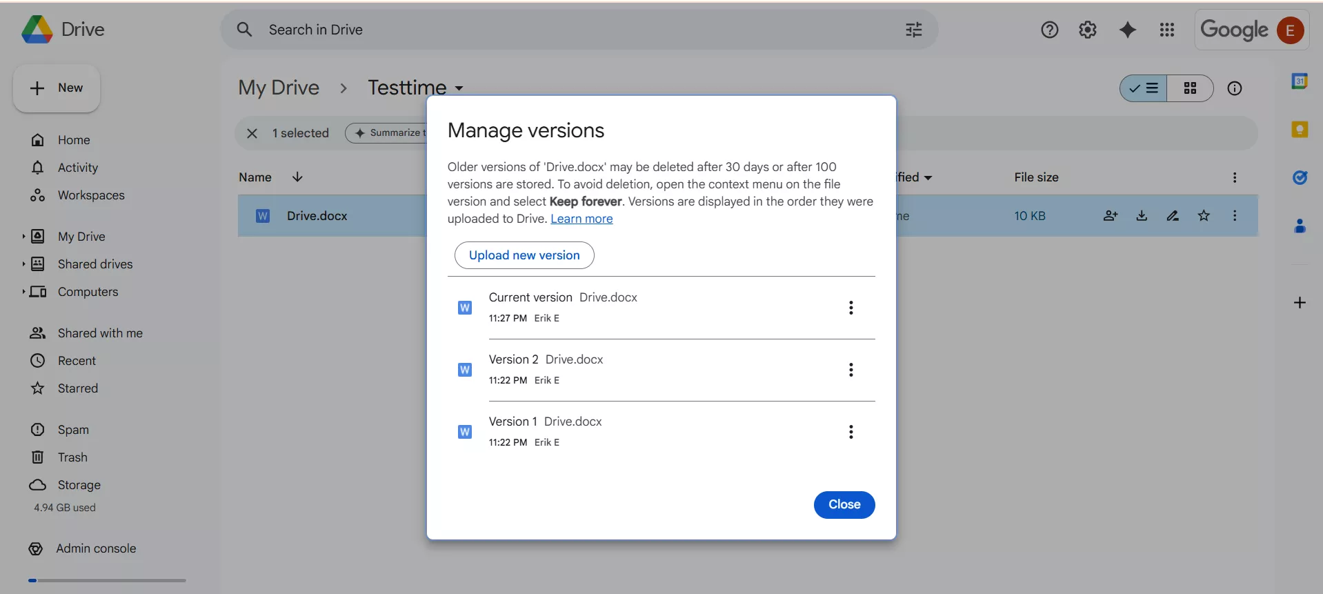 Google Drive-Manage Versions