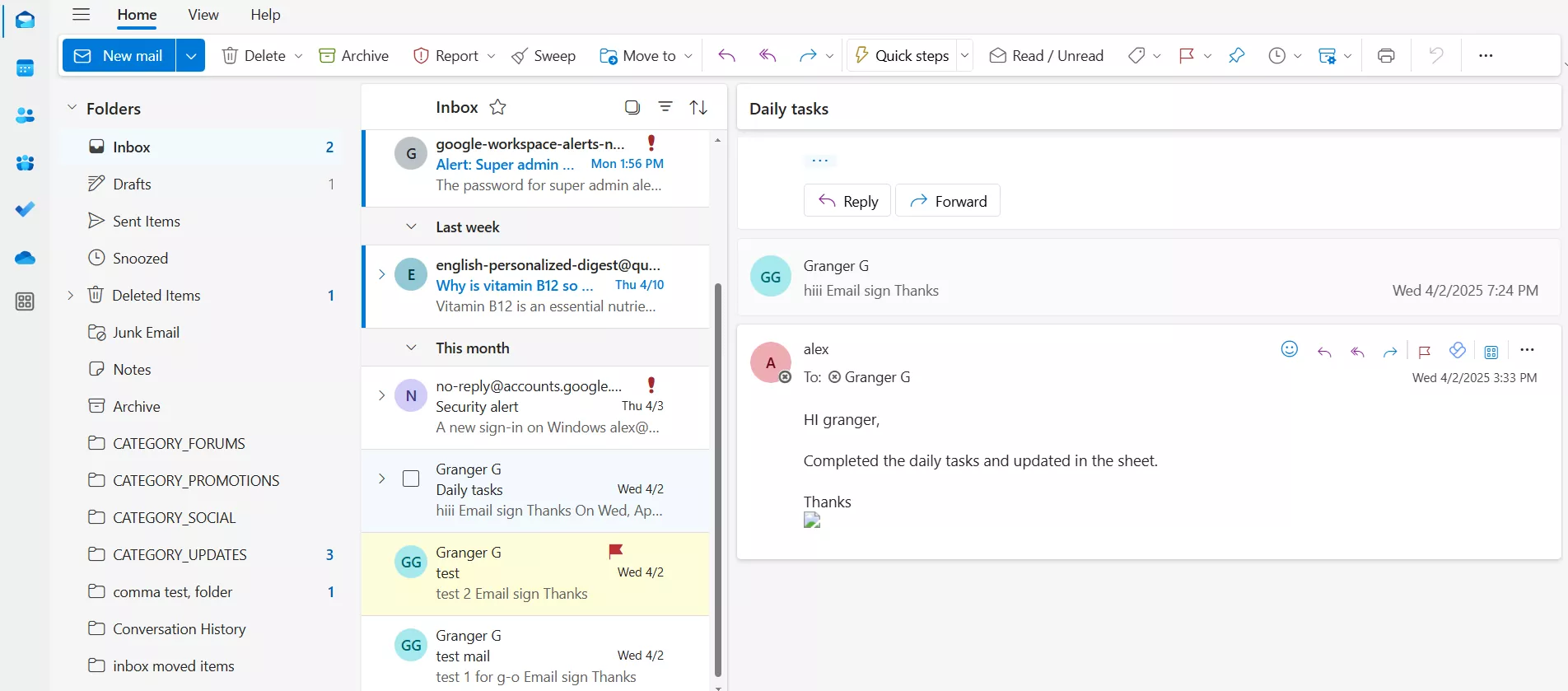 Inbox emails in Outlook