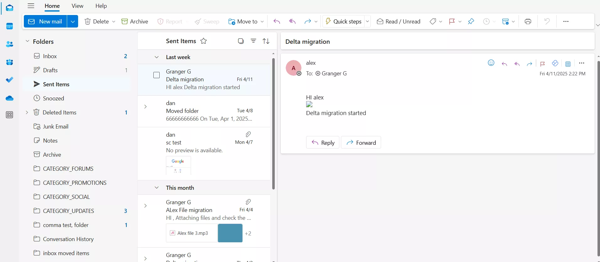 Sent emails in Outlook