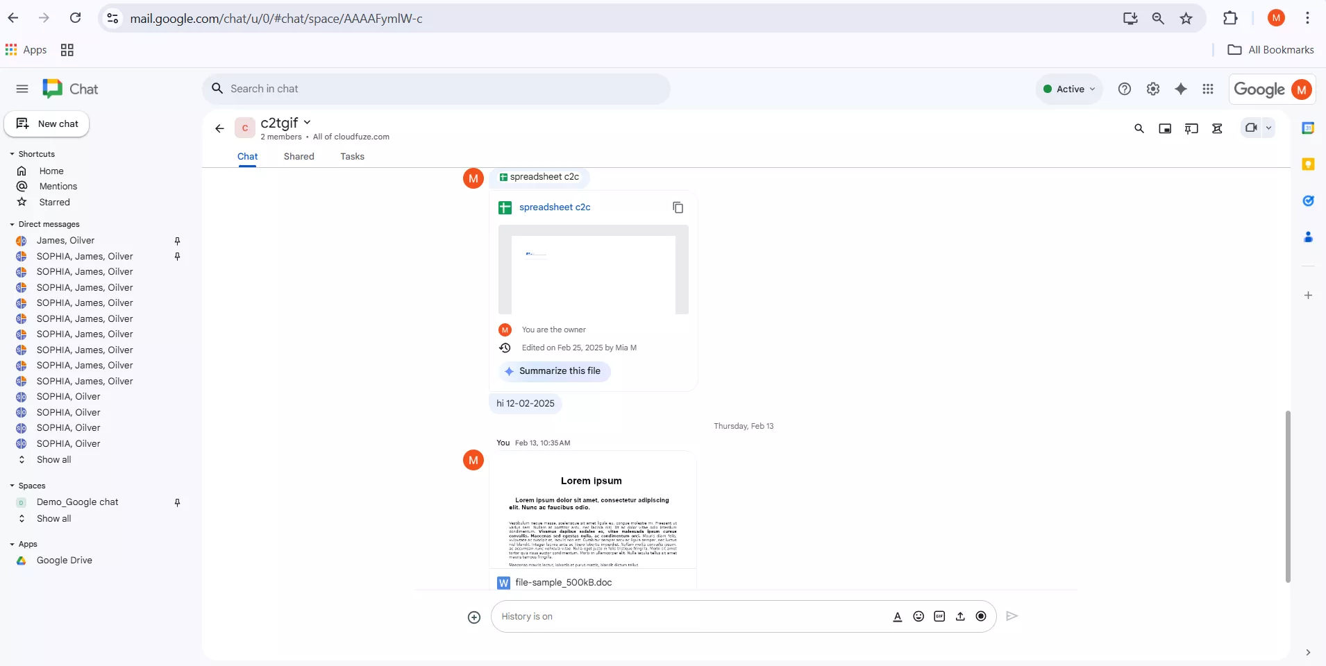 Spaces (equivalent to Channels) in Google Chat 