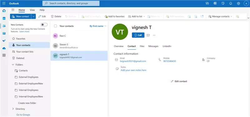 Outlook contacts