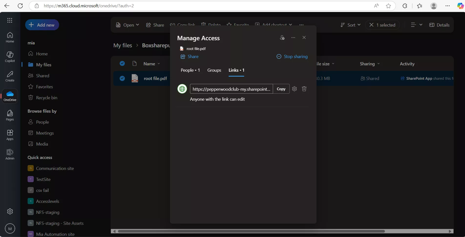 Box files migrated to OneDrive along with shared links via our tool
