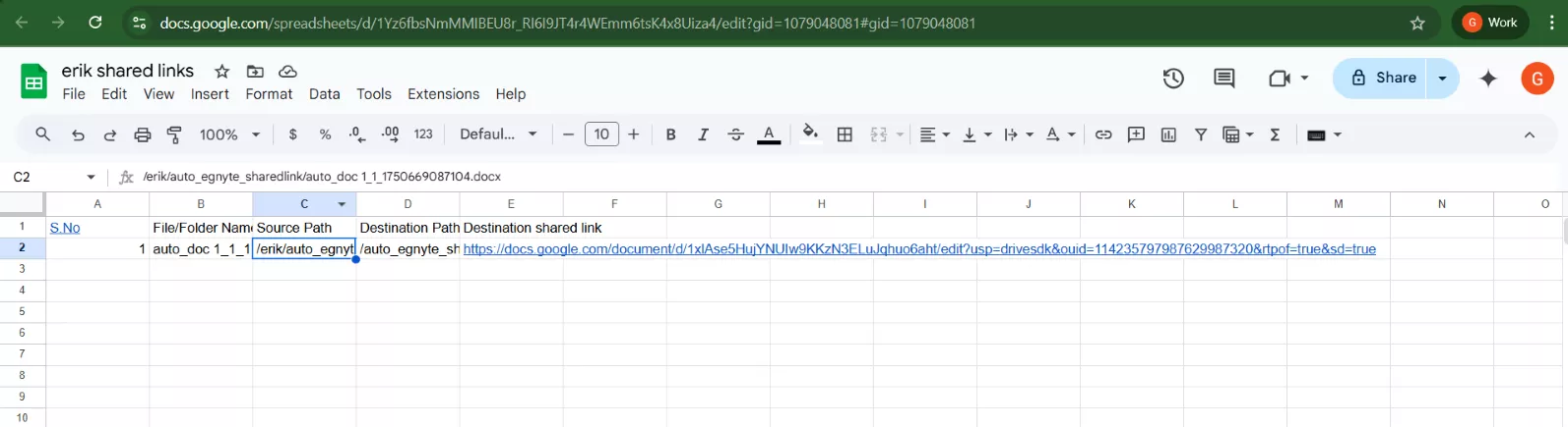 Image depicts the file name along the shared link within the shared link CSV