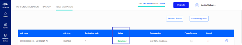 Once the status of the migration changes to Completed, it is marked as done