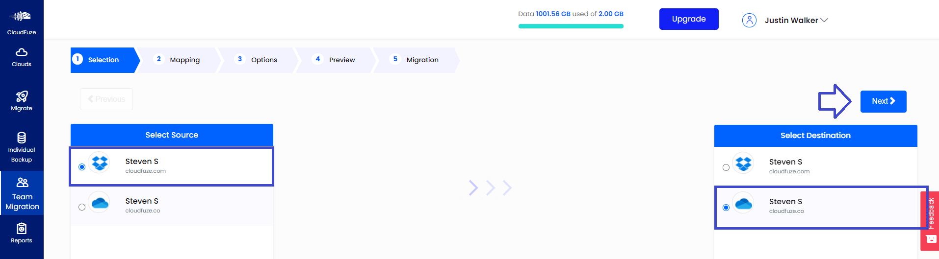 Select source and destination clouds