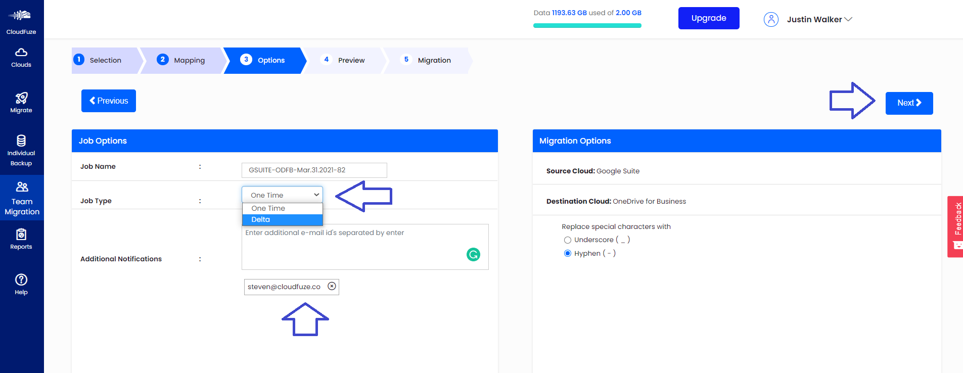 Choose Migration Job Name and Others