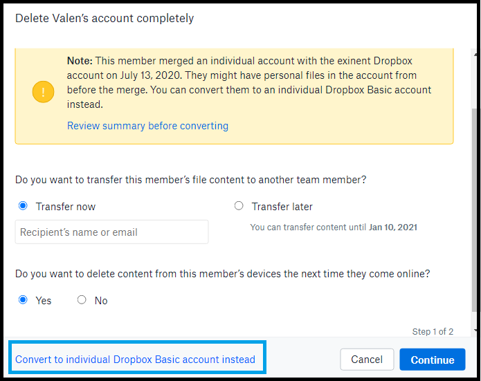 option to convert the business account into an individual account