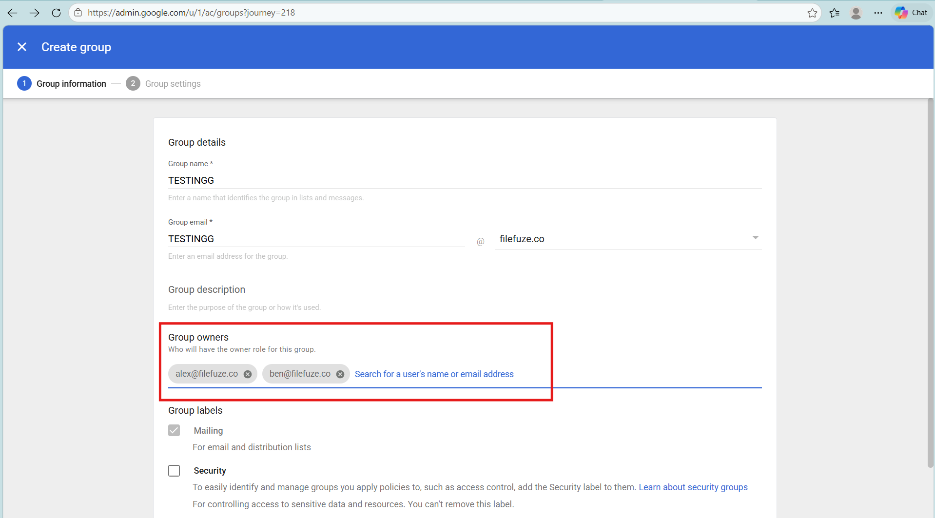 Enter Google Workspace group details step 2