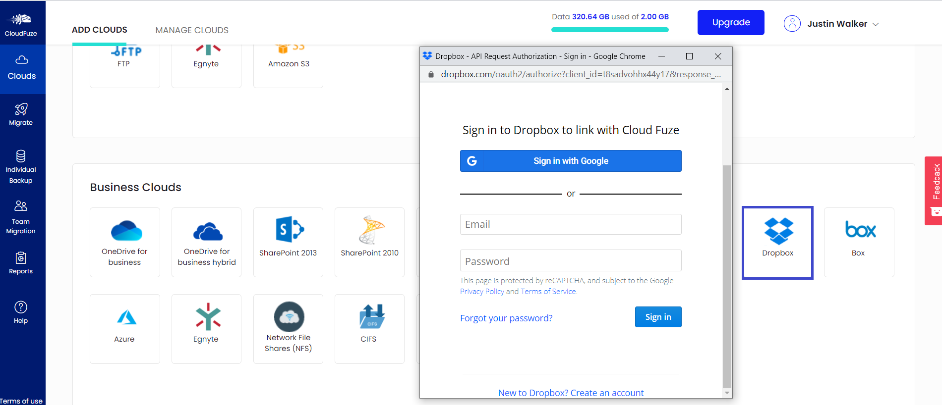 Authorize Dropbox account 