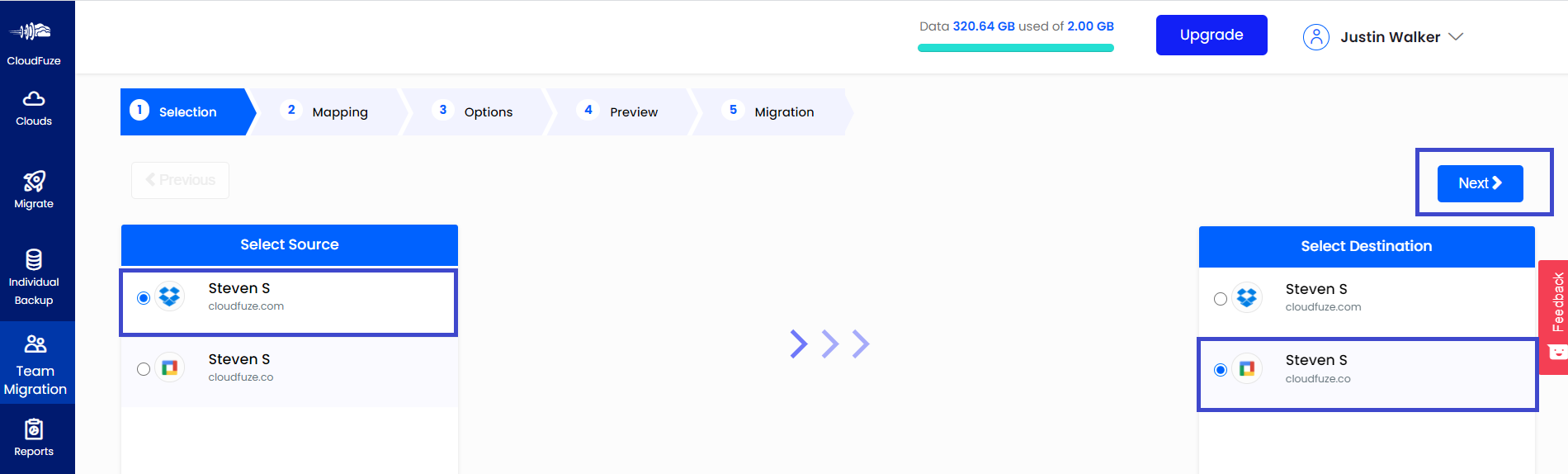 Select Source and Destiantion for Dropbox to Google Workspace