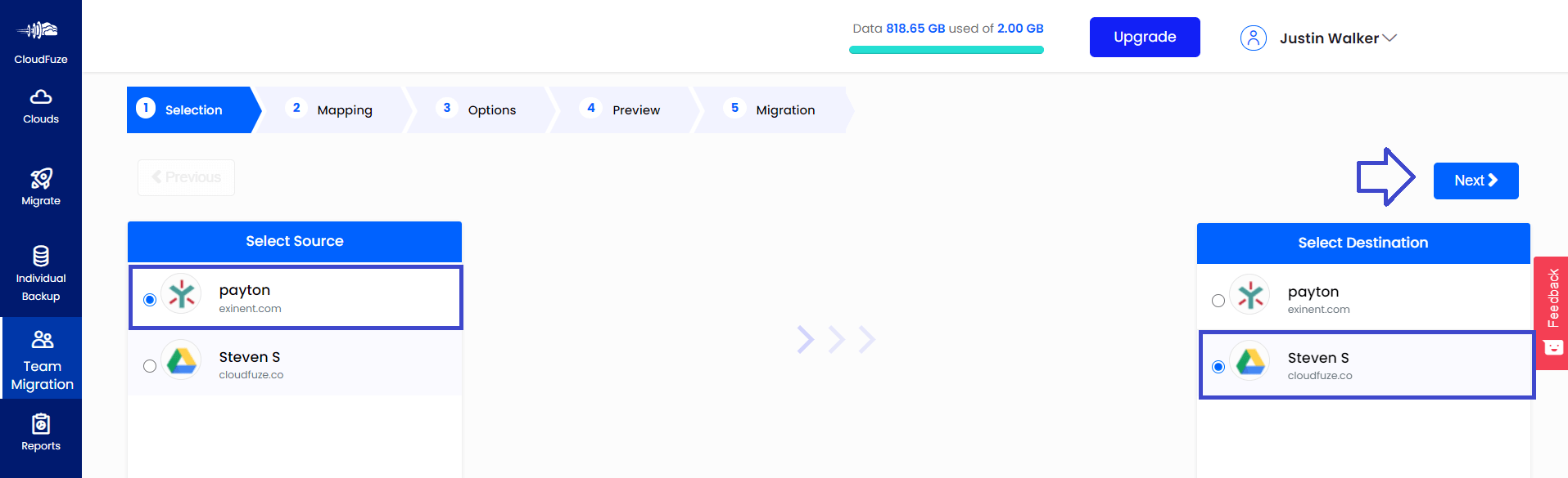 Select source and destination clouds