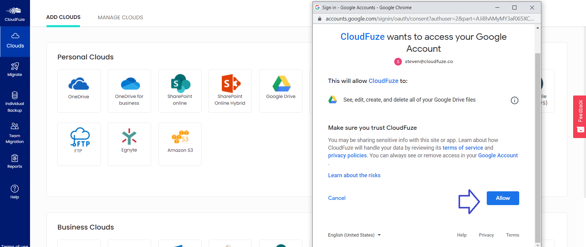 Allow Google Drive Access to CloudFuze
