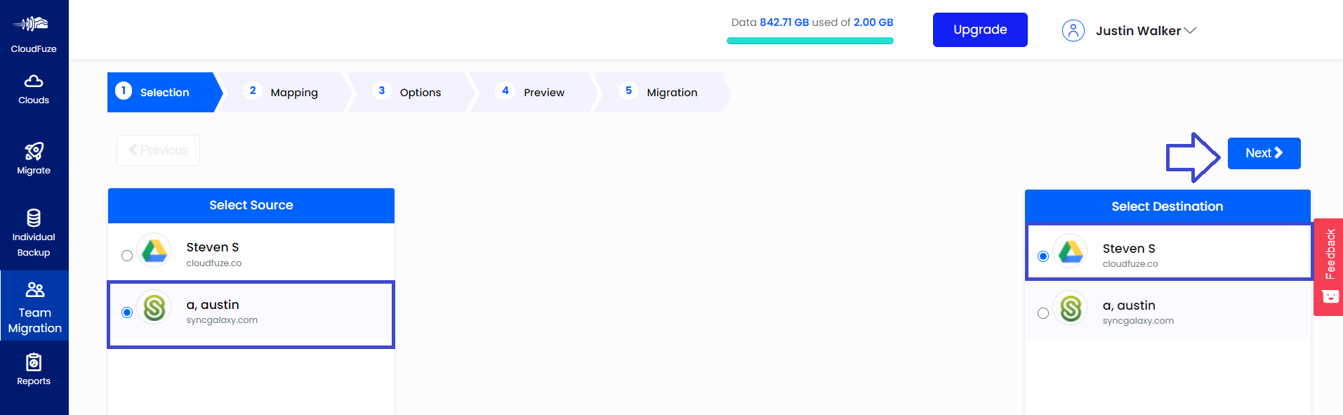 Select Source and Destination Cloud Accounts