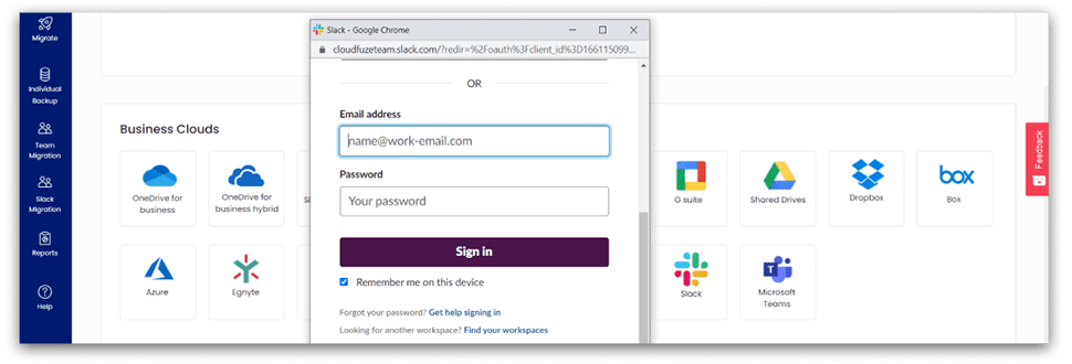 Enter Slack credentials