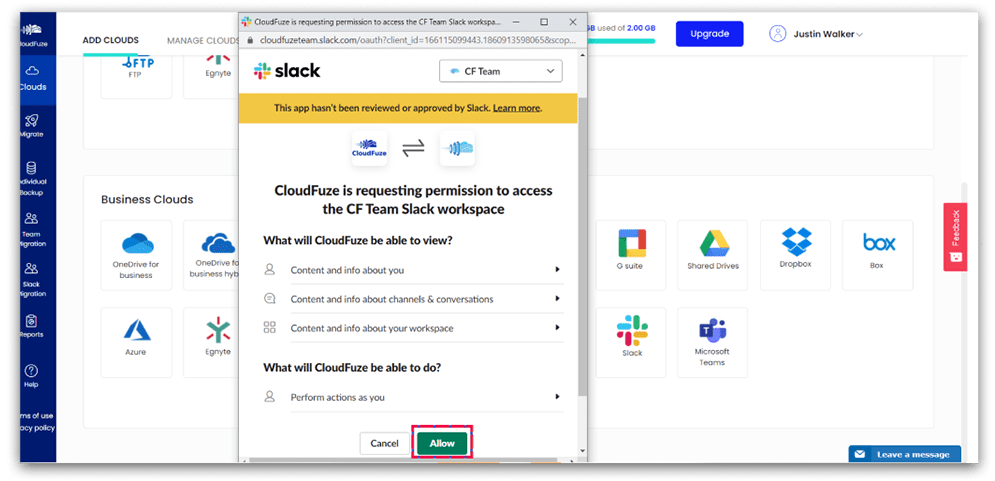 Provide Slack access to CloudFuze