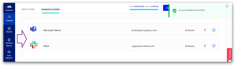 Slack to Teams Clouds added Under Manage clouds