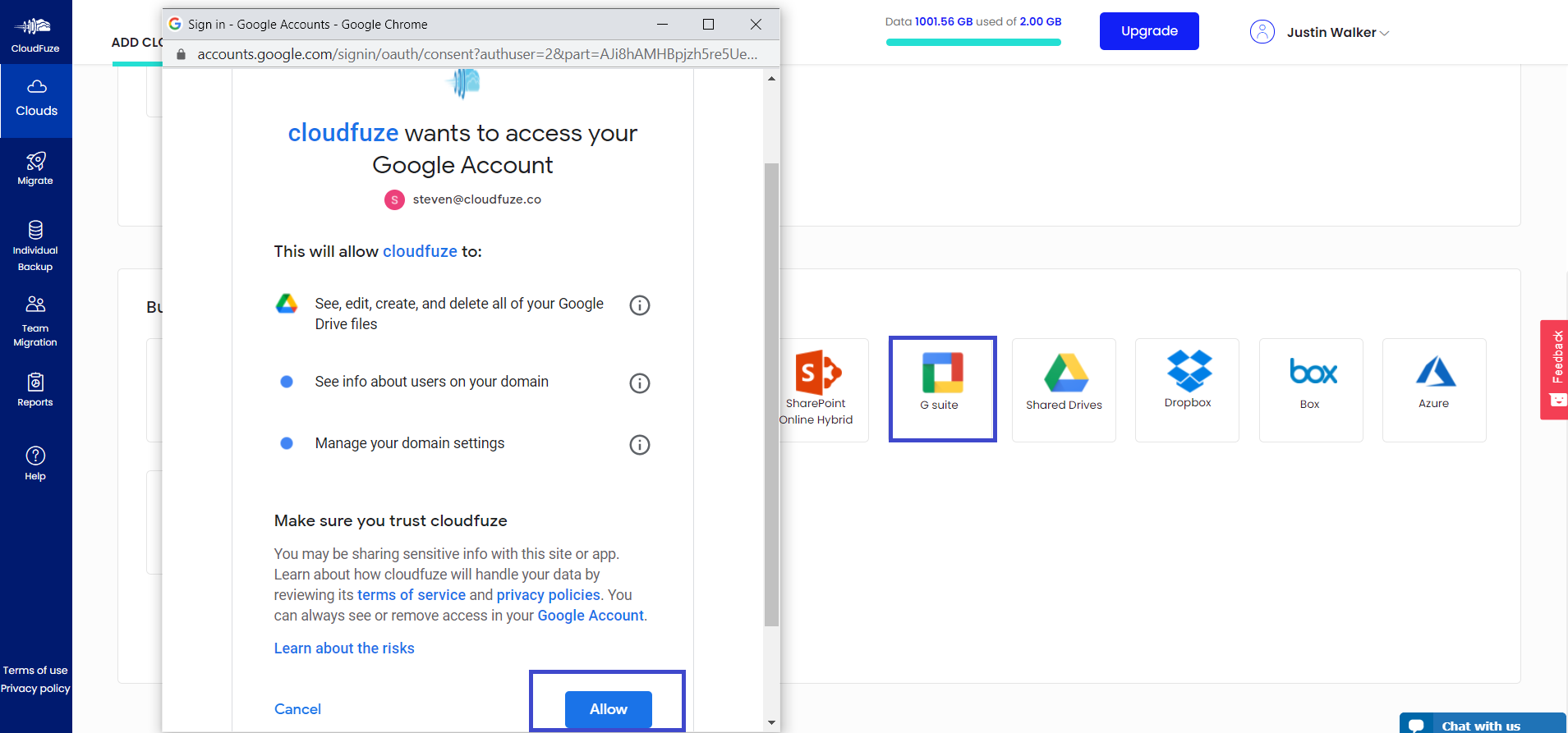 Access cloudfuze to Googleworkspace 