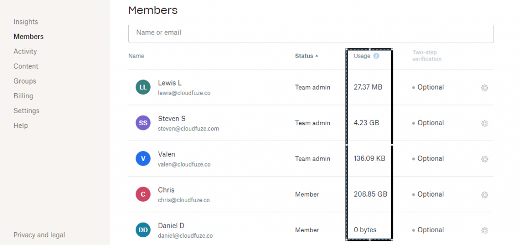 Dropbox Members tab