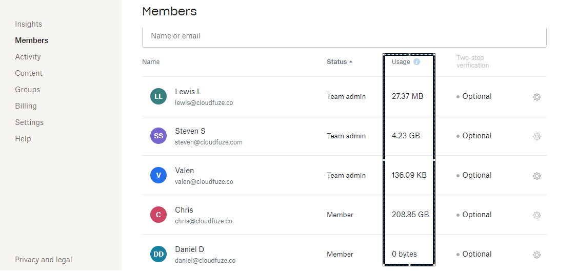 Dropbox Members tab