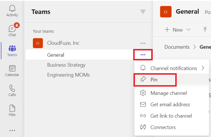Microsoft teams pin and unpin