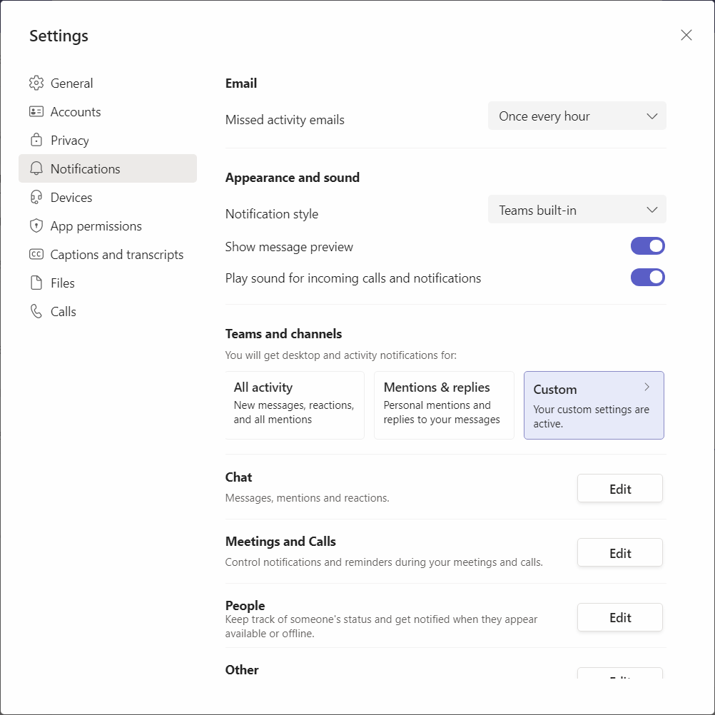 Microsoft teams Settings