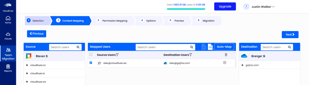 Mapping source and destination users