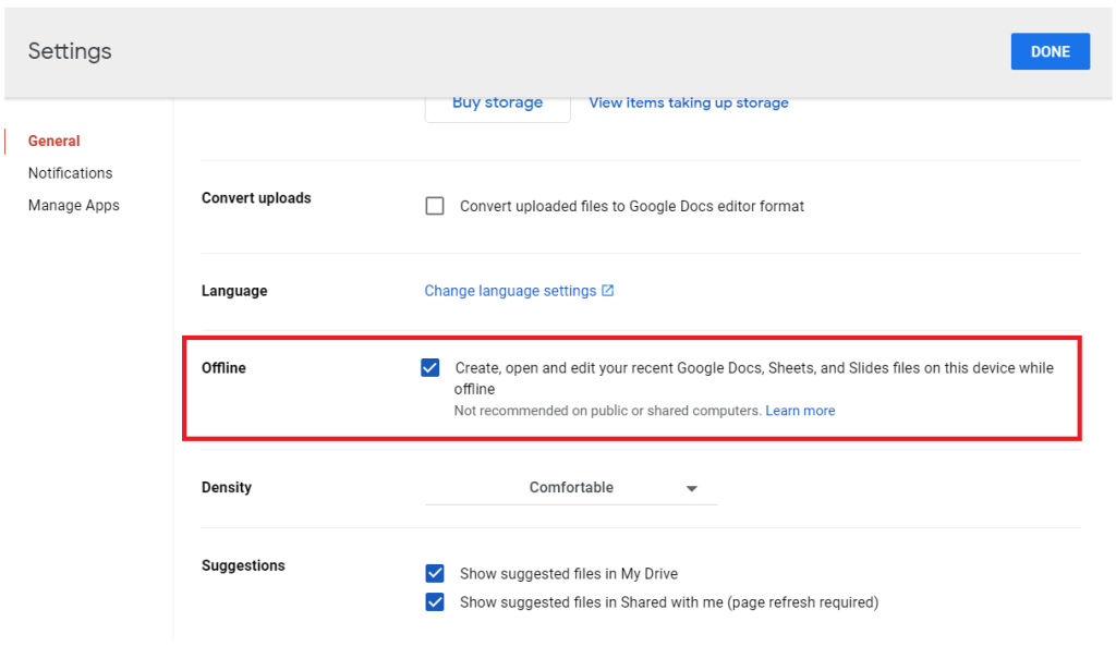 Google Drive Offline mode