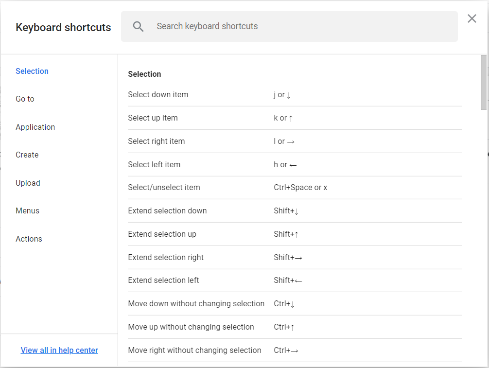 Google drive keyboard shortcuts