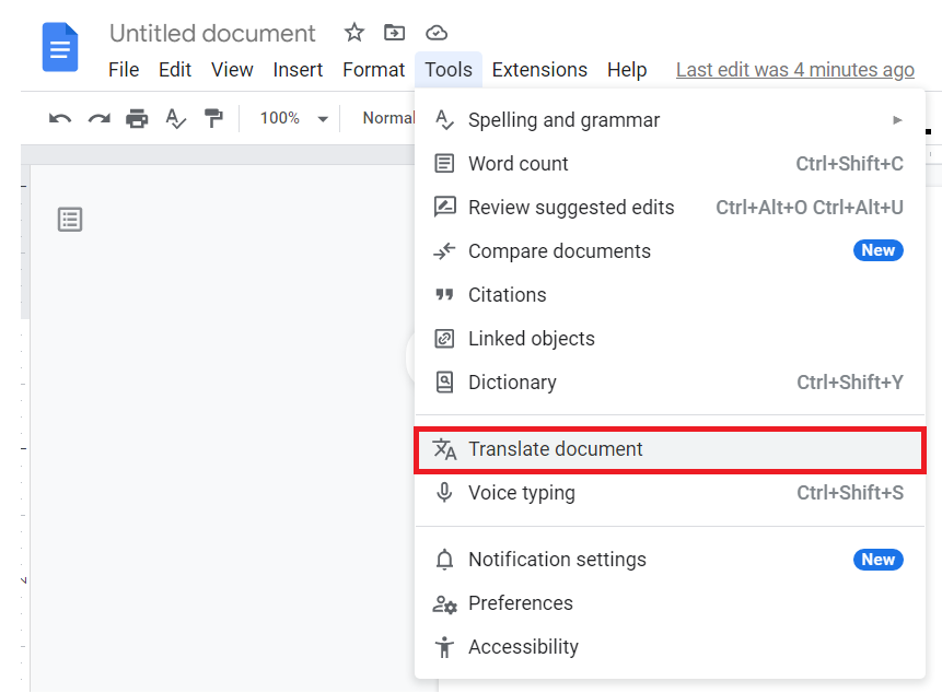 Google Drive Translate document