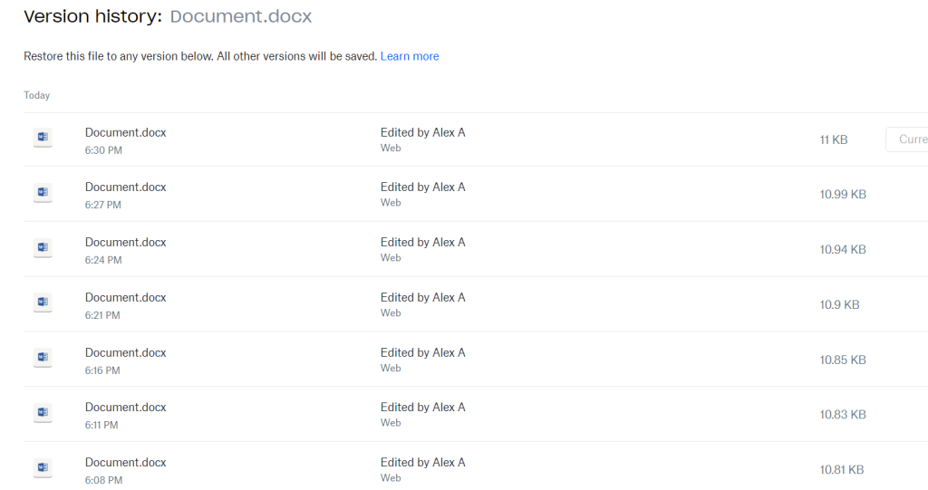 Version history of a file in Dropbox