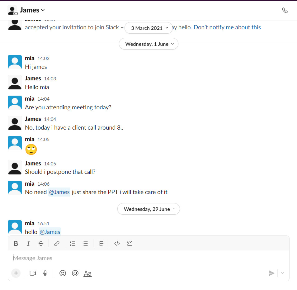 Direct Messages in Slack Workspace