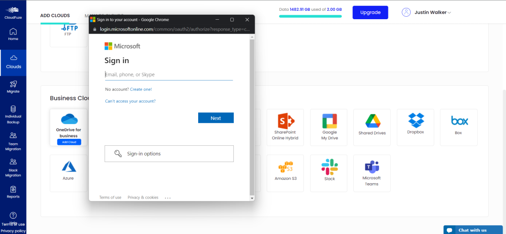 Entering OneDrive credentials