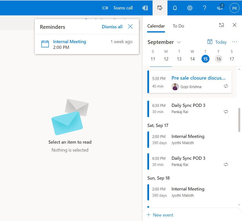 Calendar in Outlook 