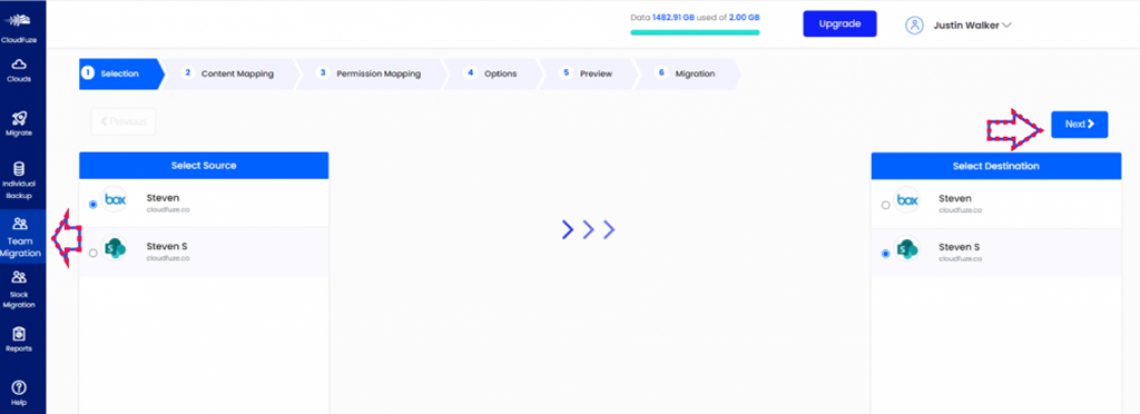 Choosing source as box and destination as sharepoint clouds 