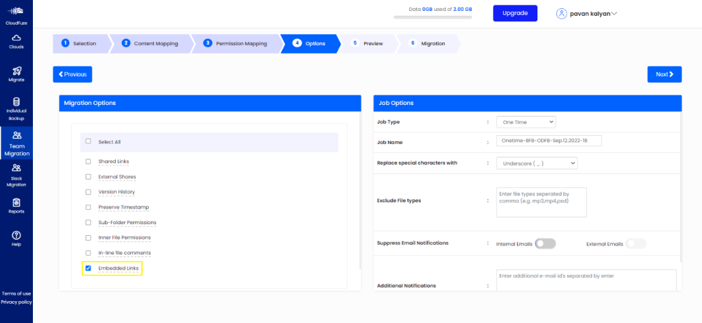 Selecting embedded links to migrate