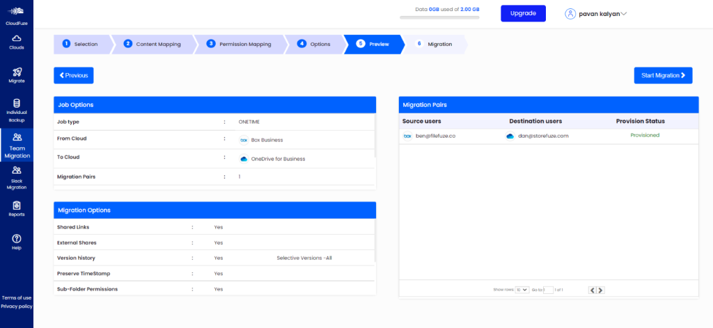 Previewing the migration options 