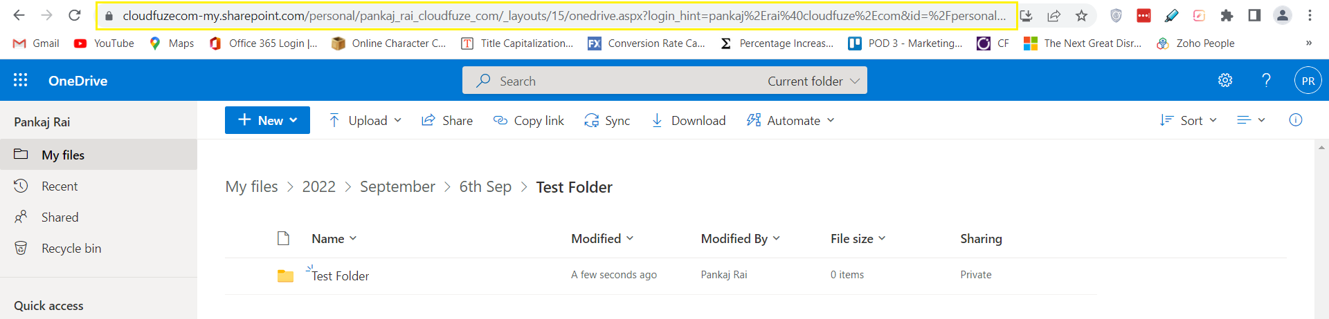 SharePoint link for a new folder in OneDrive